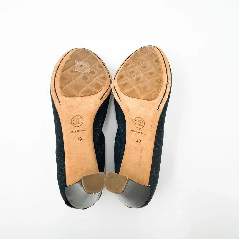 Chanel Elastic CC Logo Blue Denim Pumps High Heels Size 39 US 8-8.5